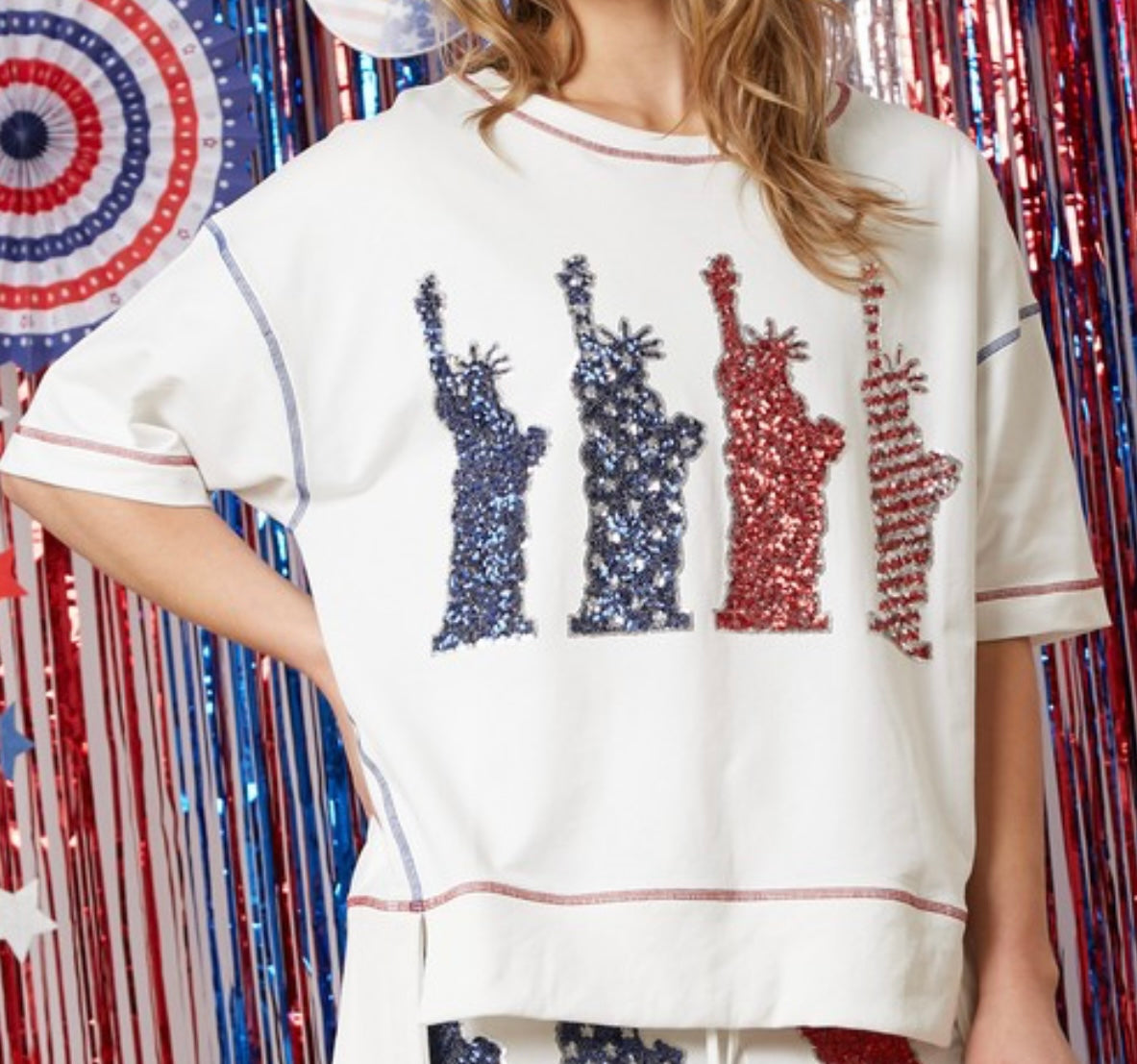 Sequin Statue of Liberty Short Sleeve Top