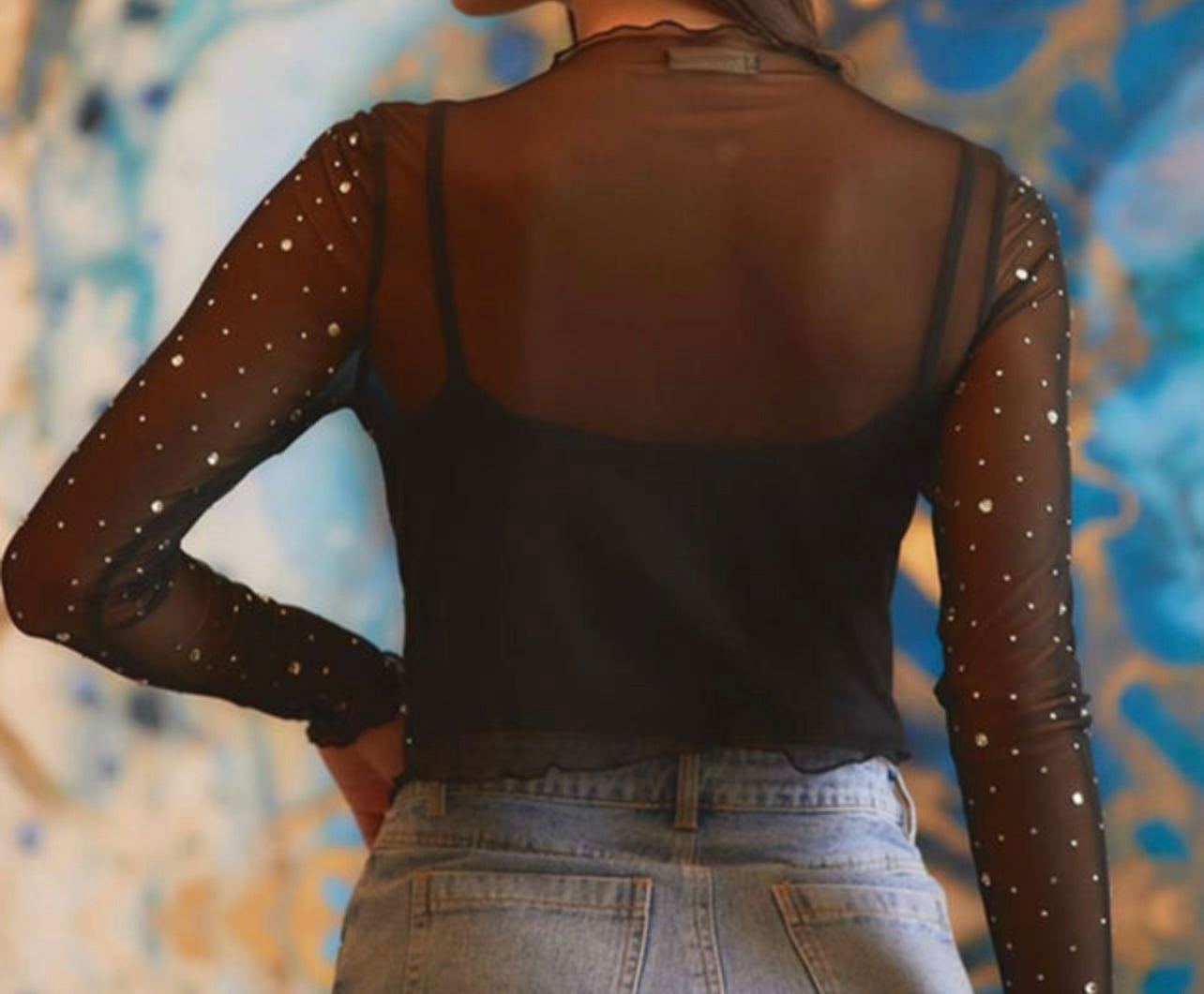 Black Rhinestone Sheer Mesh Slim Fit Long Sleeve Top