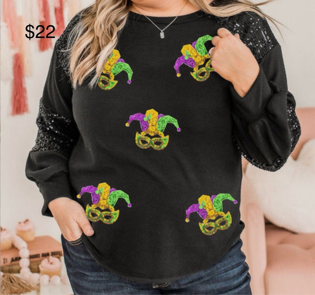 Plus- Mardi Gras Mask Patch Sequin Sleeve Long Sleeve Top