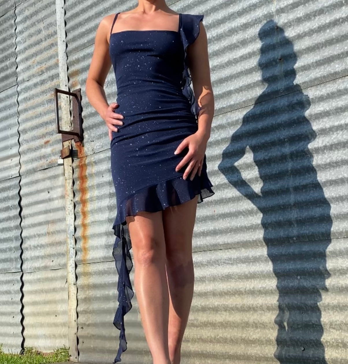 Glitter Ruffle Body Con Mini Dress