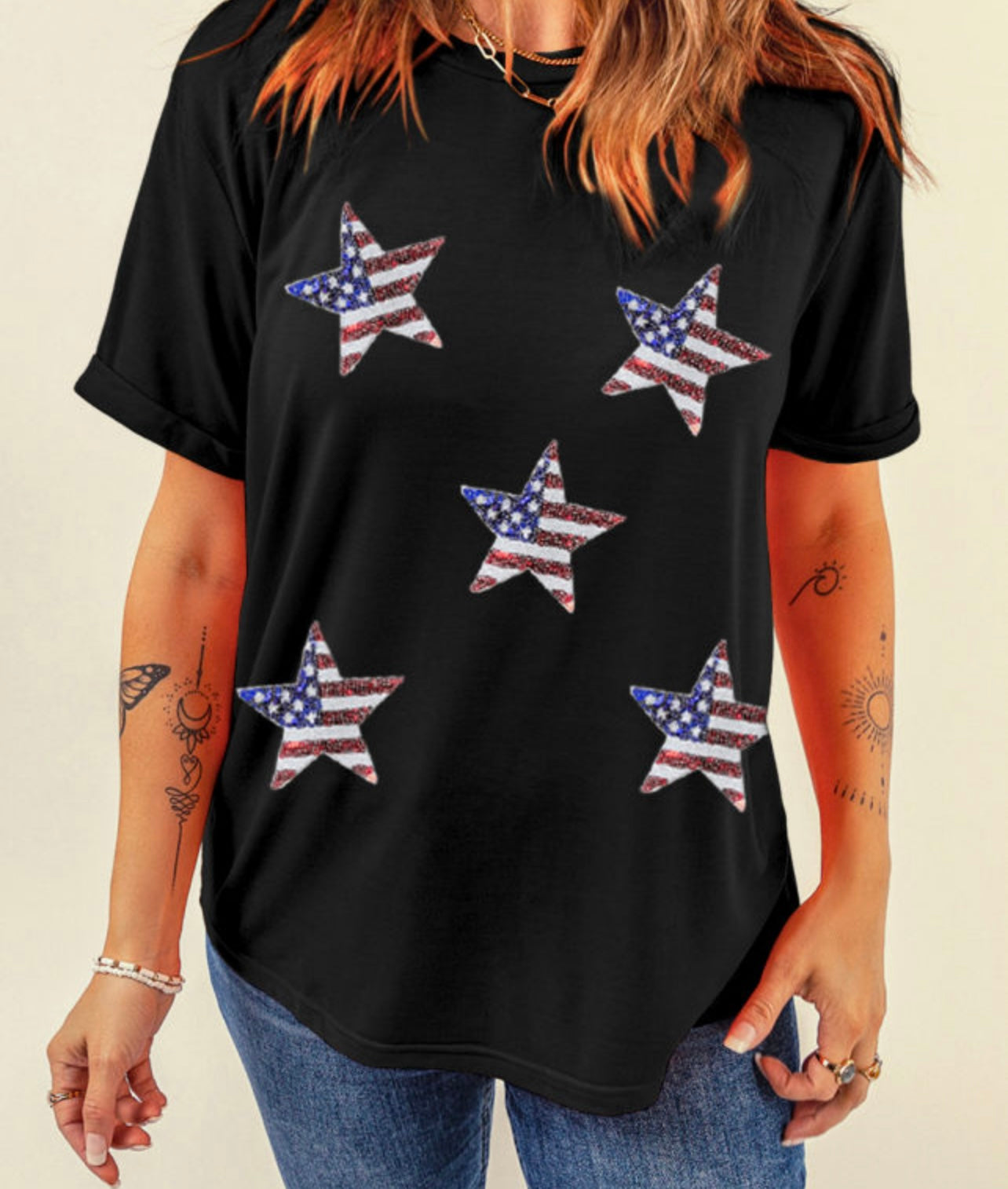 Sequined American Flag Star Graphic T-Shirt