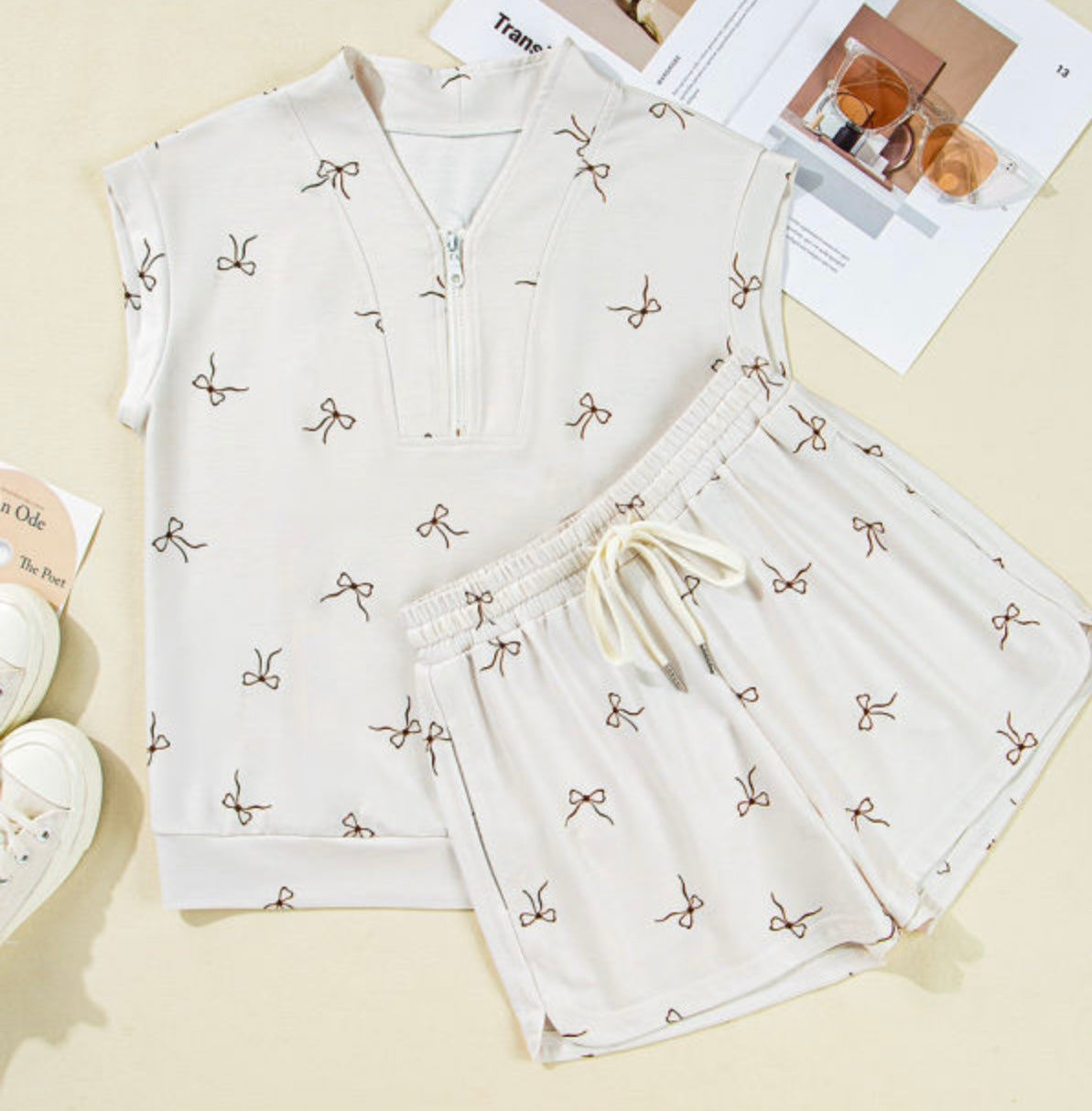 Bow Print Half Zip Tank Set