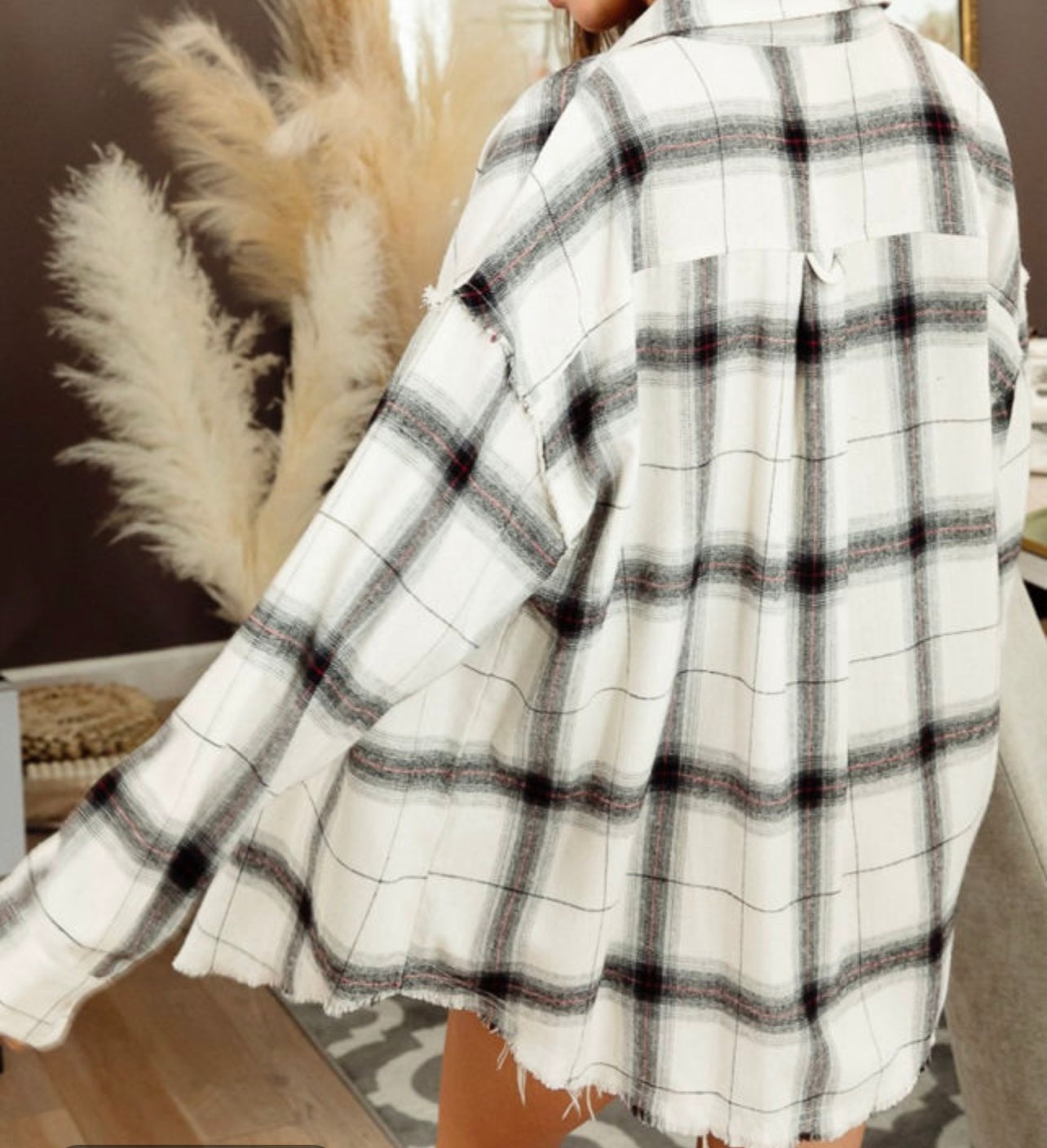 Plaid Raw Hem Button Up Shacket
