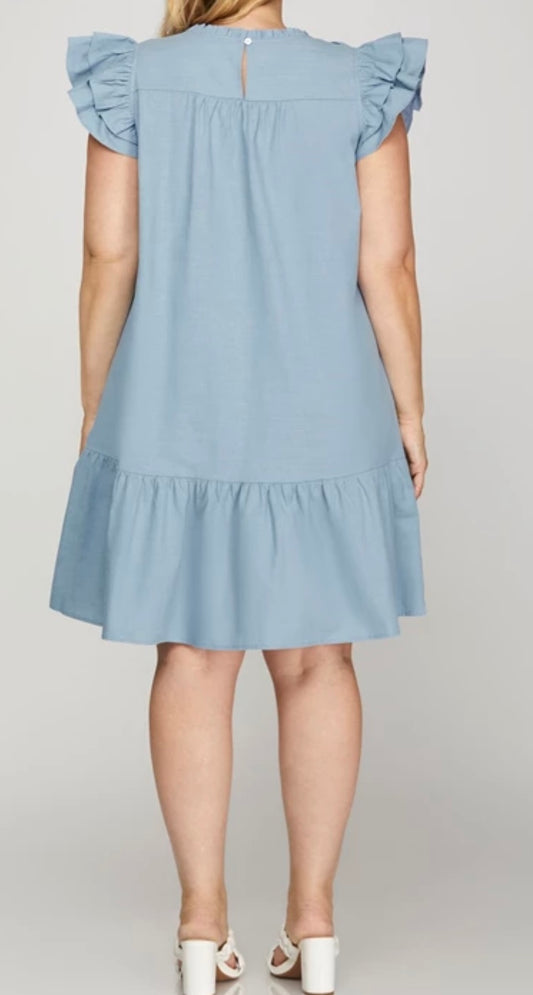 Plus-Denim Flutter Sleeve Dress