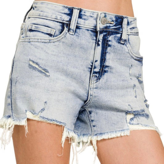 Zenana Acid Washed Distressed Hem Shorts