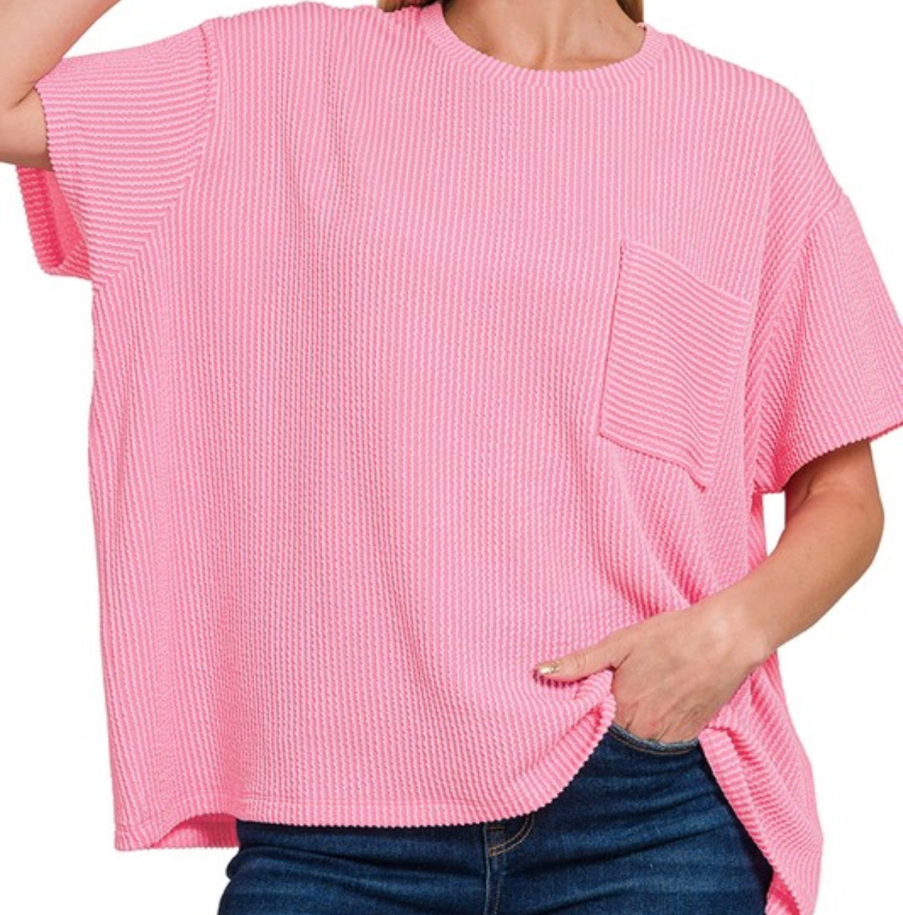Ribbed Short Sleeve Front Pocket Top