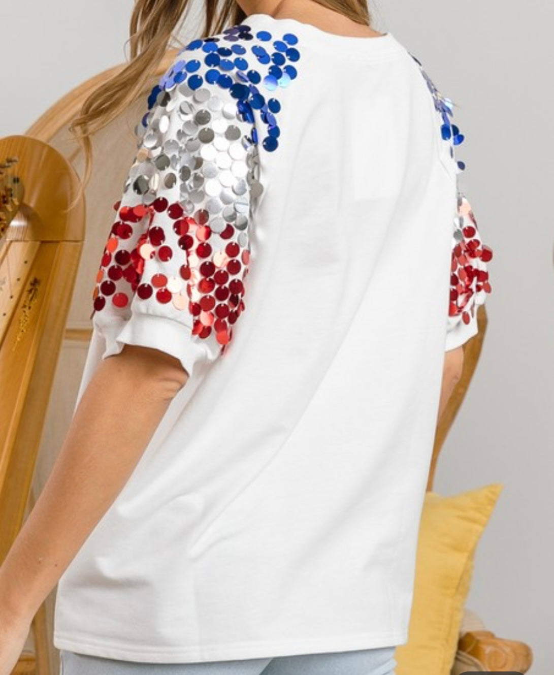 America Letter Appliqué Spangle Puff Sleeves Top