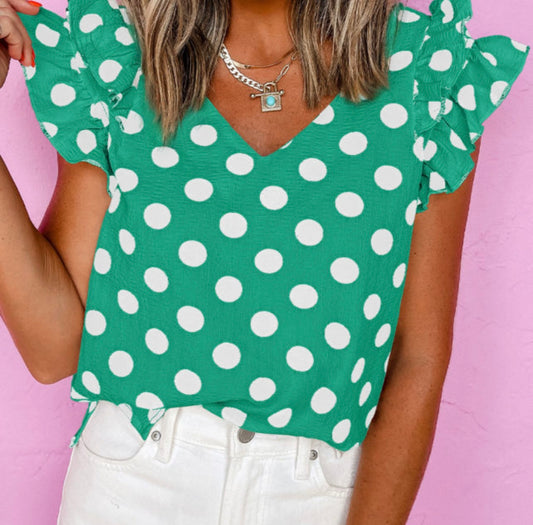 Polka Dot Print Ruffled Sleeve V-Neck Top