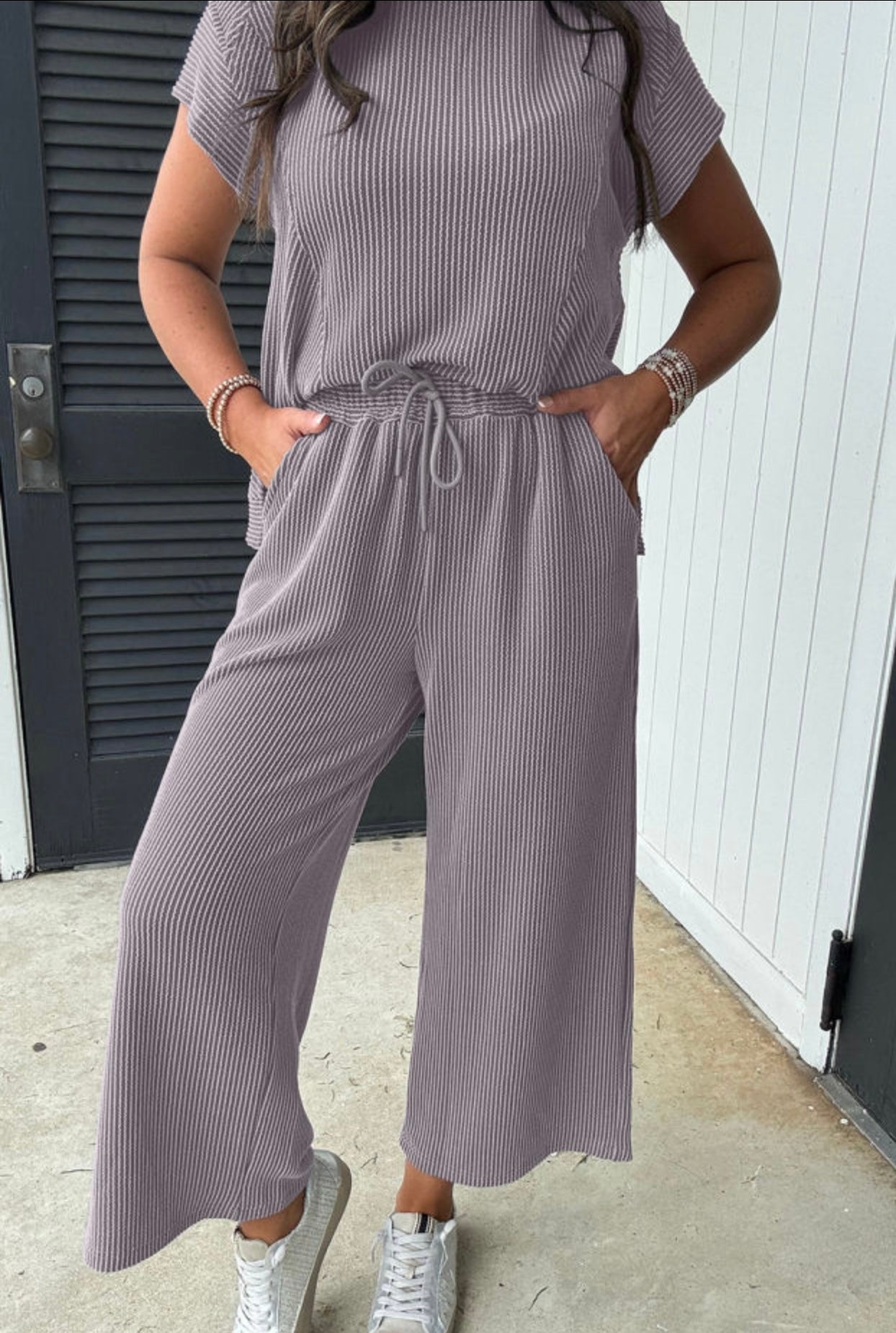 Corded Knit Short Sleeve T-shirt/ Wide Leg Pants Set