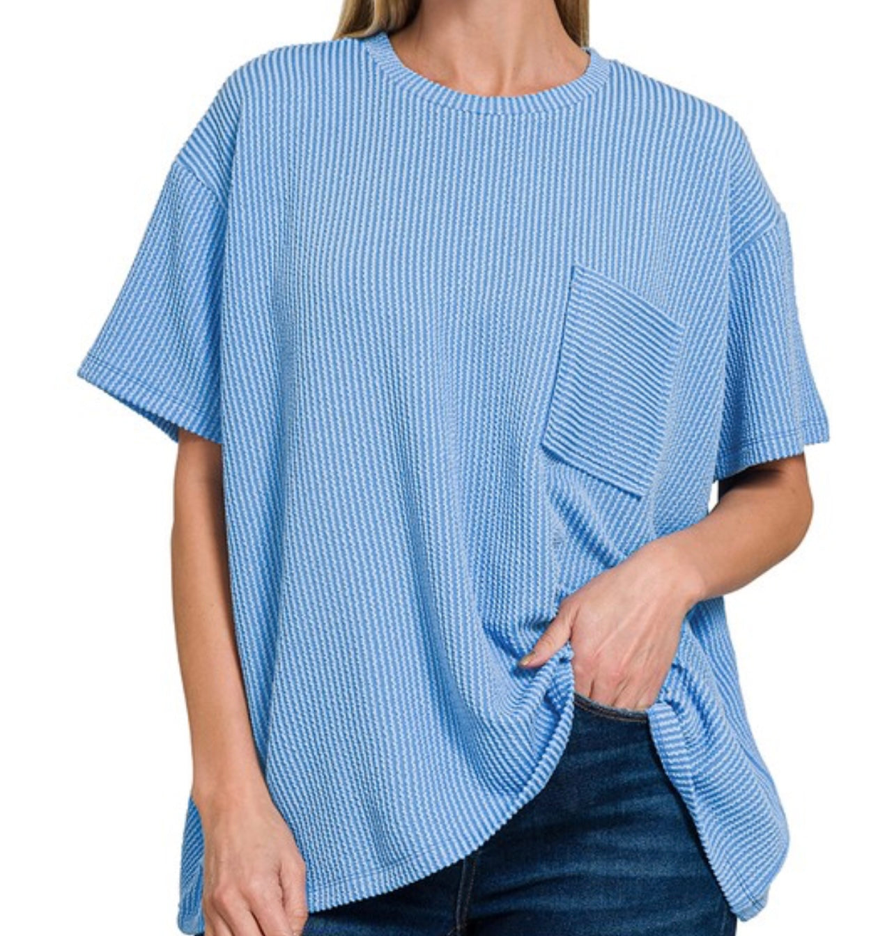 Ribbed Short Sleeve Front Pocket Top