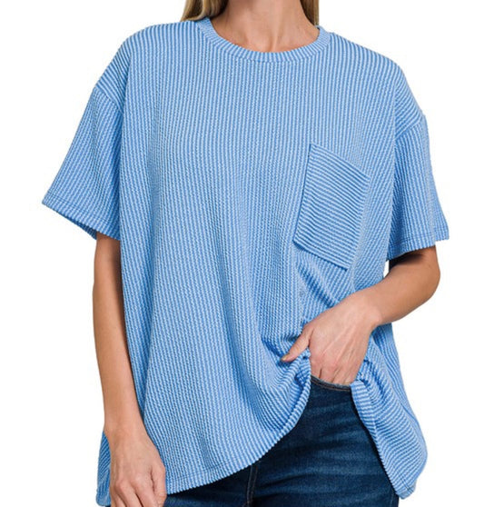 Ribbed Short Sleeve Front Pocket Top