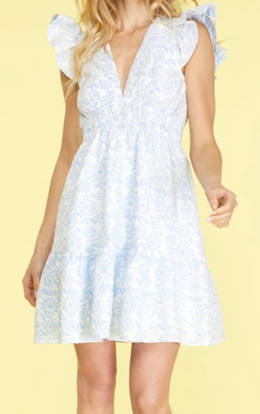 Butterfly Sleeve Woven Jacquard V-Neck Dress