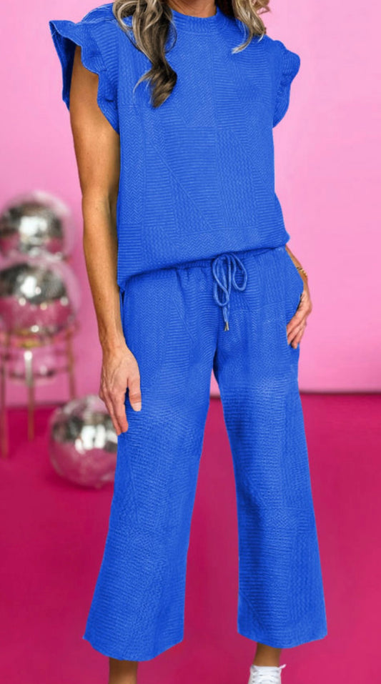 Ruffled Sleeve Top Cropped Pants Set