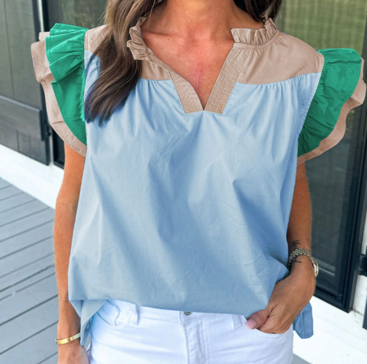Colorblock Ruffled Sleeve Fringe Top