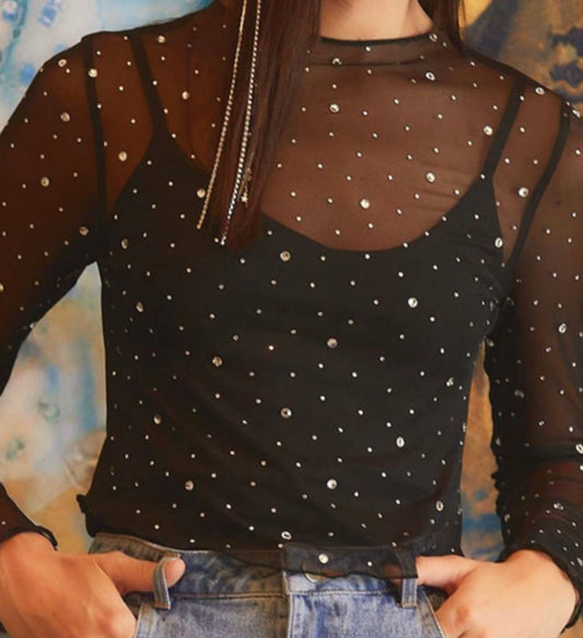 Black Rhinestone Sheer Mesh Slim Fit Long Sleeve Top