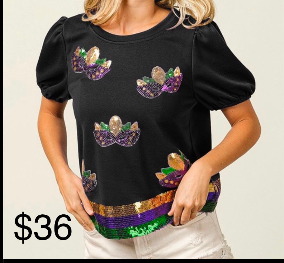 Cropped Mardi Gras Sequin Mask with Sequin Band Top