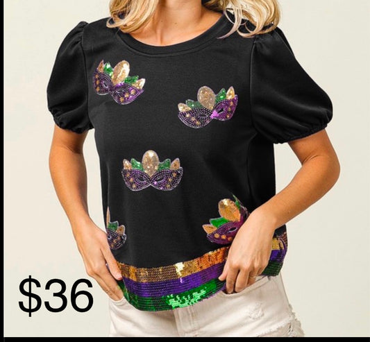 Cropped Mardi Gras Sequin Mask with Sequin Band Top