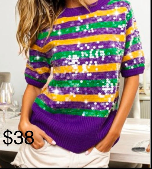 Mardi Gras Clear Sequin Short Sleeve Sweater