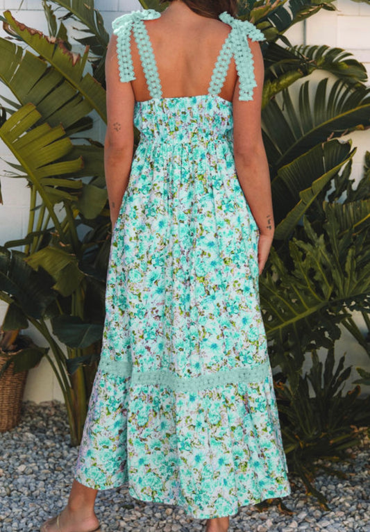 Green Floral Lace Tied Strap Maxi Dress
