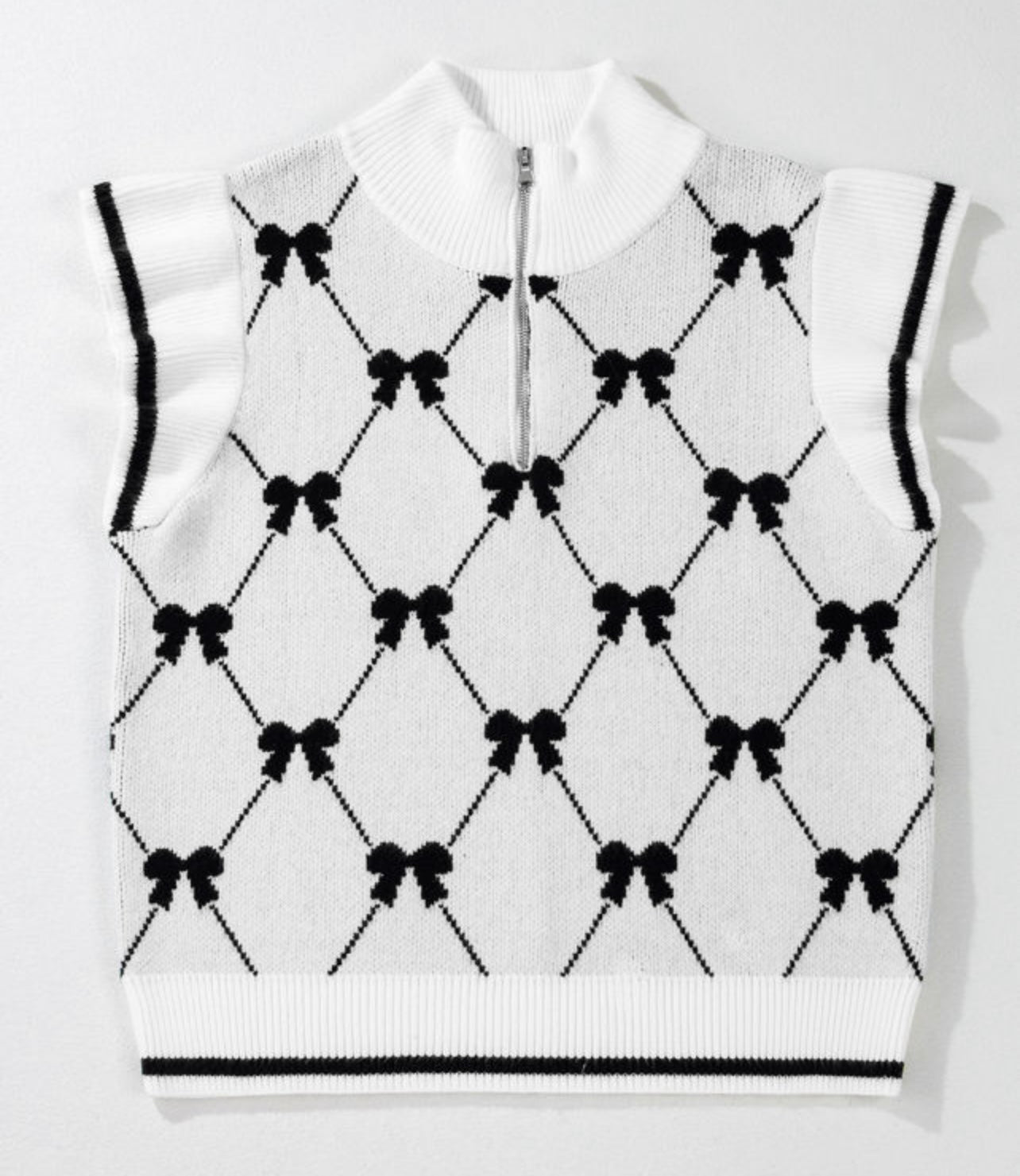 Bow Printed Zip Collar Sweater