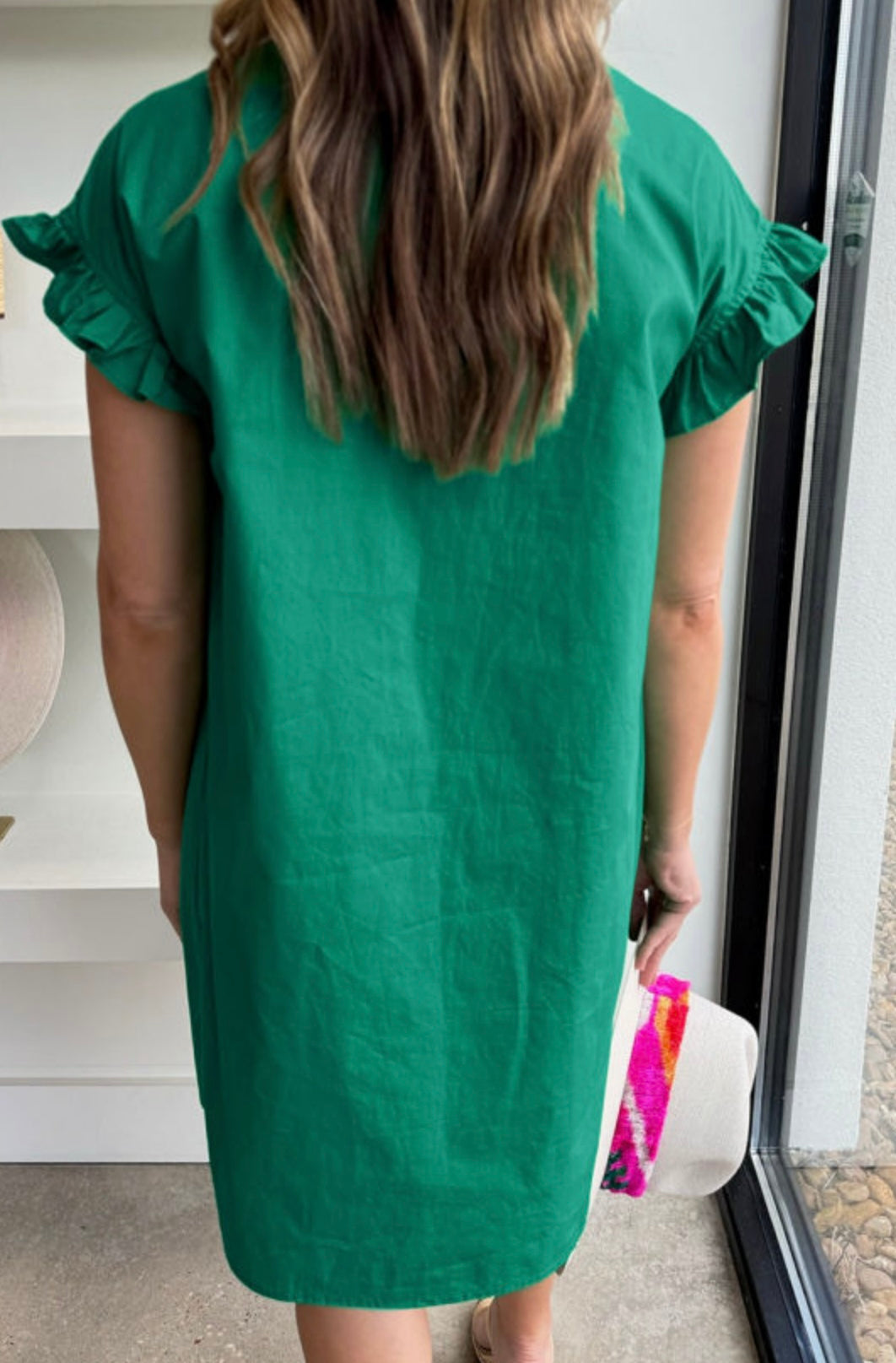 Shirred Ruffle Sleeve Button Up Dress