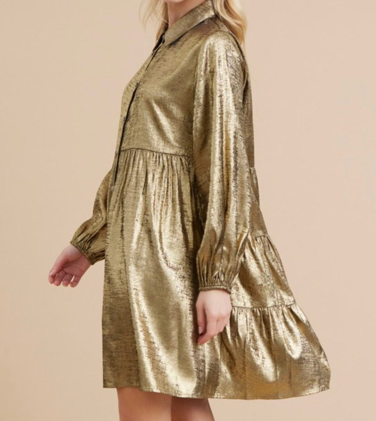 Metallic Button Up BabyDoll Dress