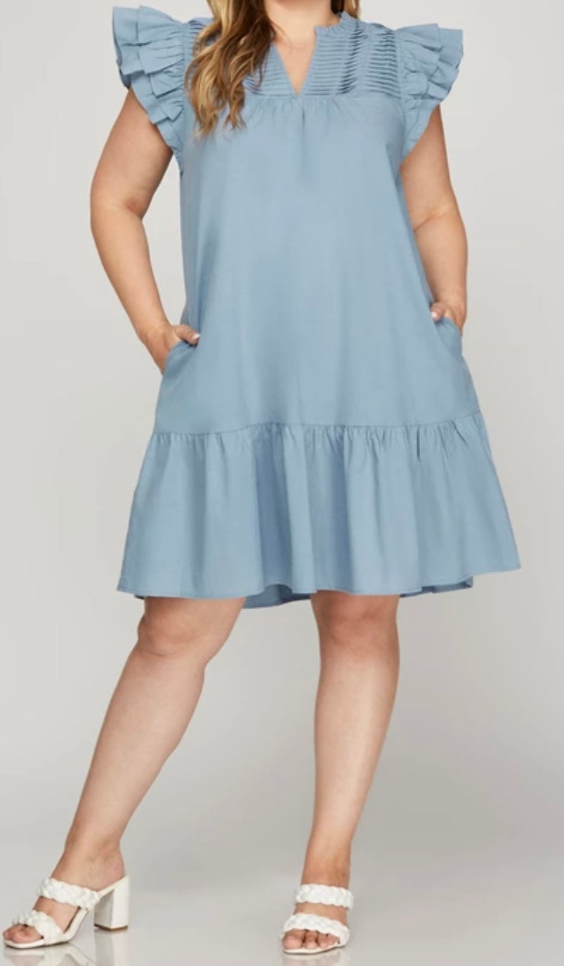 Plus-Denim Flutter Sleeve Dress