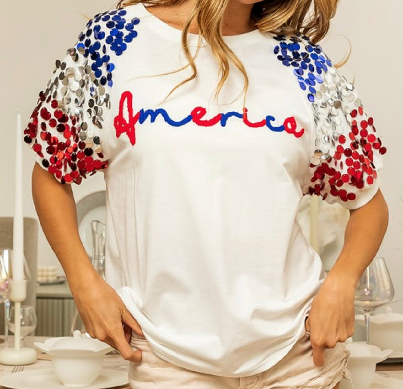 America Letter Appliqué Spangle Puff Sleeves Top