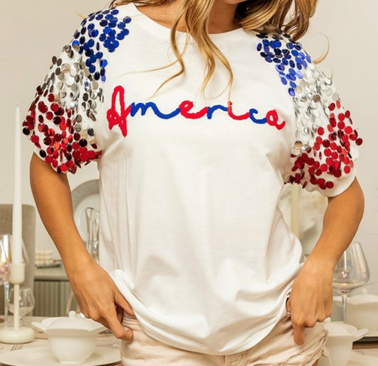 America Letter Appliqué Spangle Puff Sleeves Top