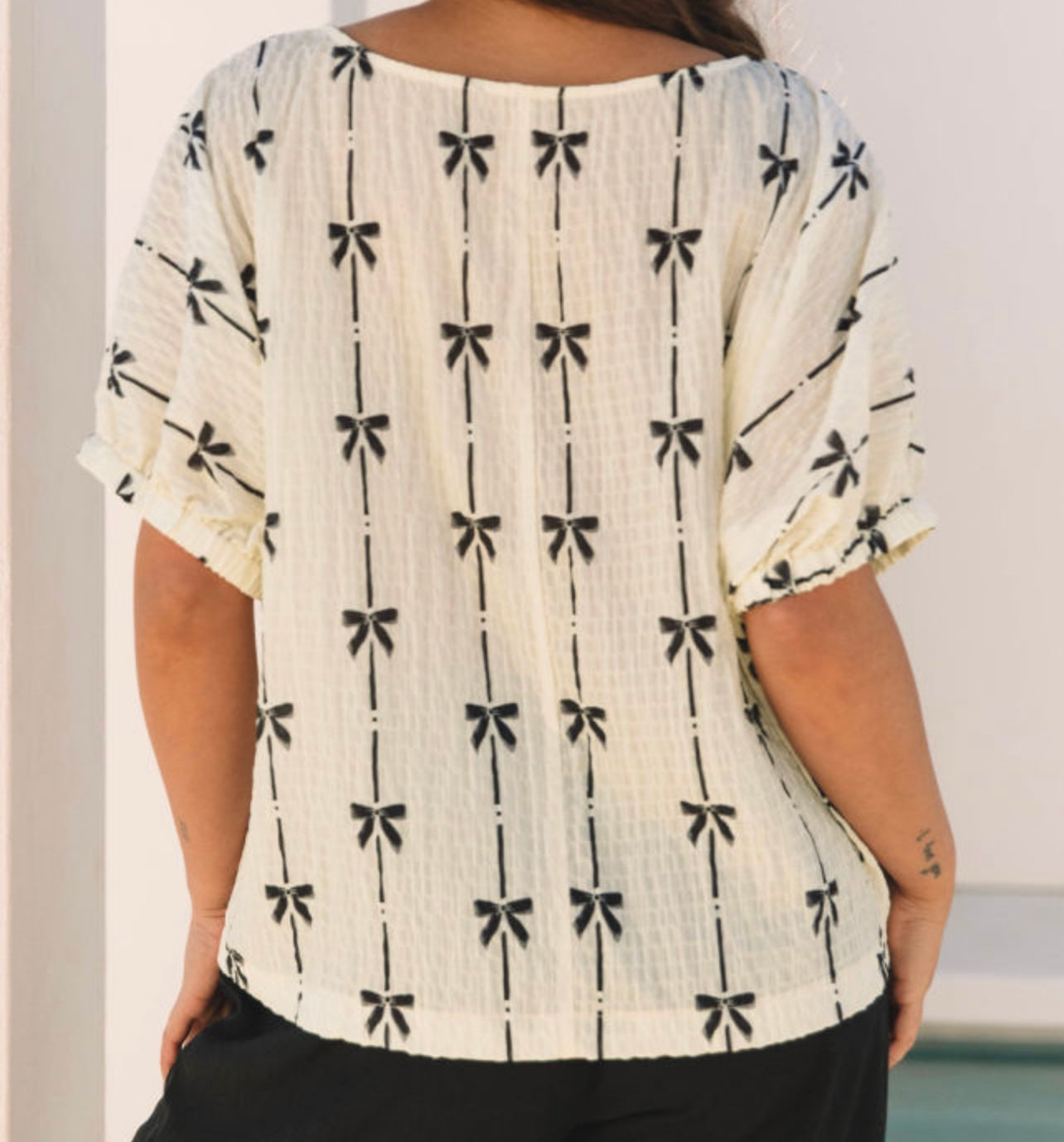 Bow Print Puff Short Sleeve Top