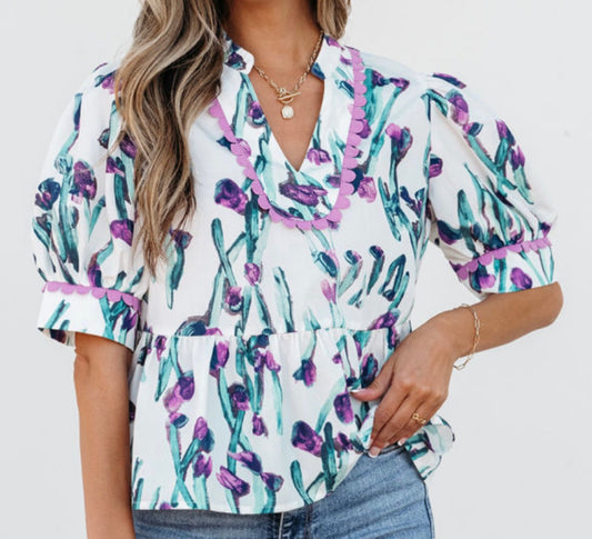 Floral Ricrac Trim Half Sleeve Peplum Top