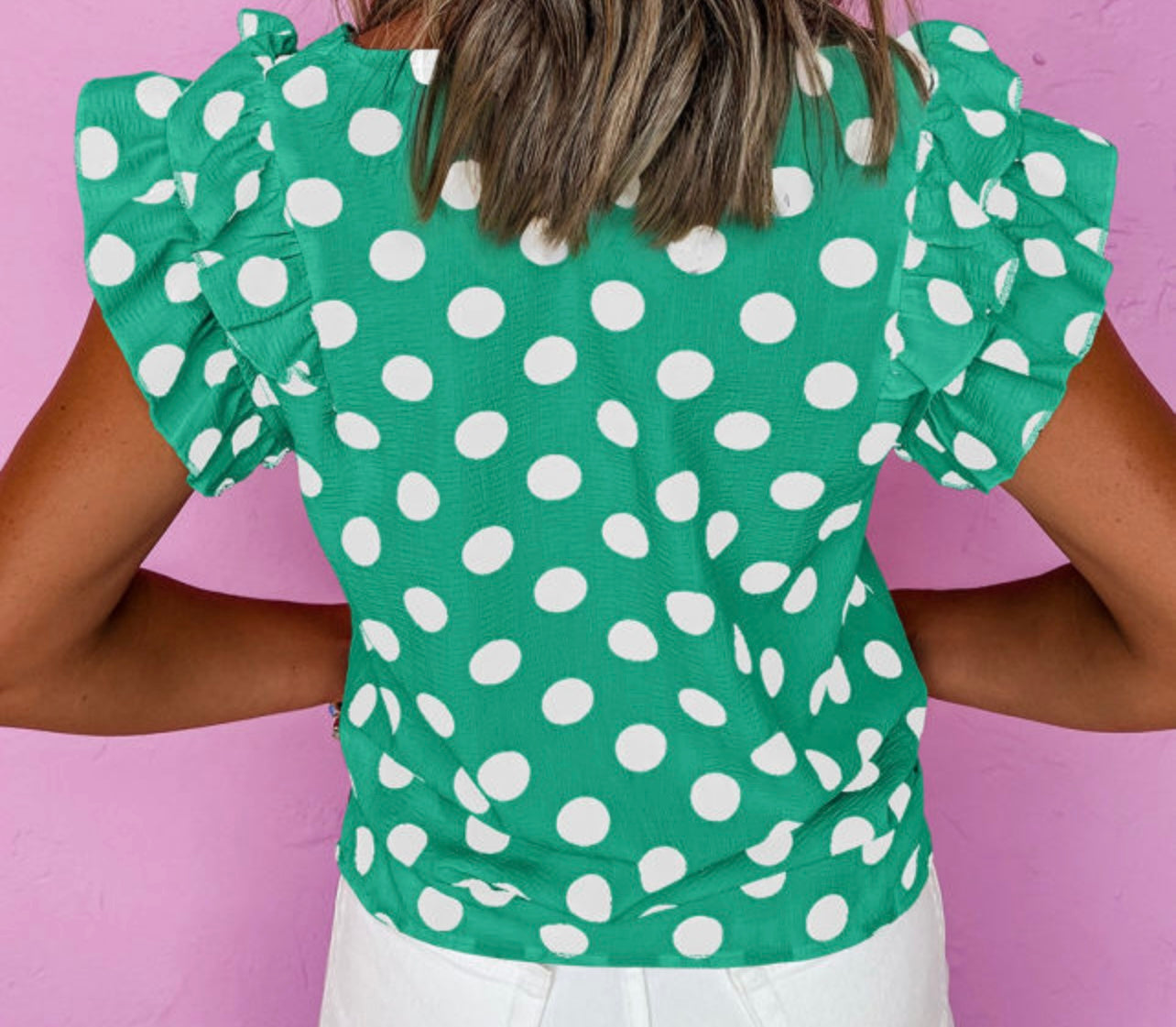 Polka Dot Print Ruffled Sleeve V-Neck Top