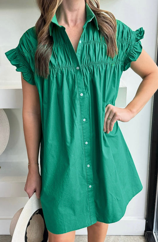 Shirred Ruffle Sleeve Button Up Dress