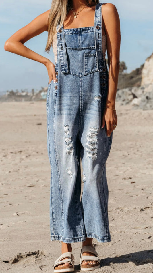 Distressed Wide Leg Denim Overalls