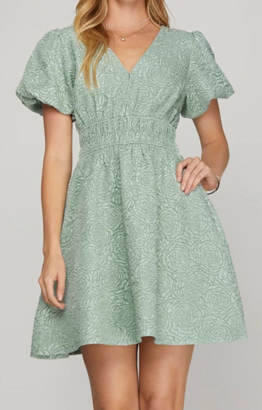 Puff Sleeve V-Neck Floral Jaquard Dress