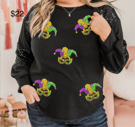 Plus- Mardi Gras Mask Patch Sequin Sleeve Long Sleeve Top