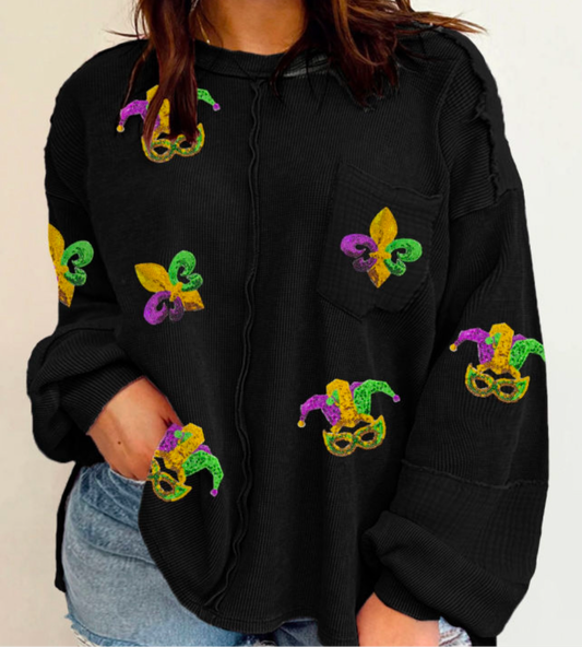Plus- Mardi Gras Fleur De Lis/Mask Long Sleeve Top