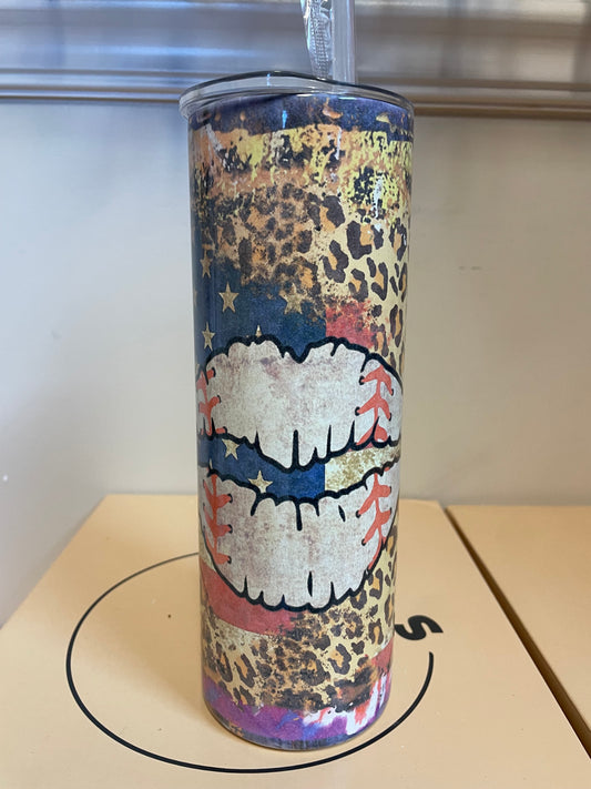 Baseball Lips with Leopard and American Flag Background 20oz Sublimation Stainless Steel Cup with Straw