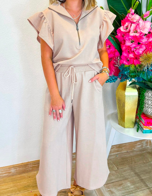 Textured Zipped Up Top/Wide Leg Pants Set