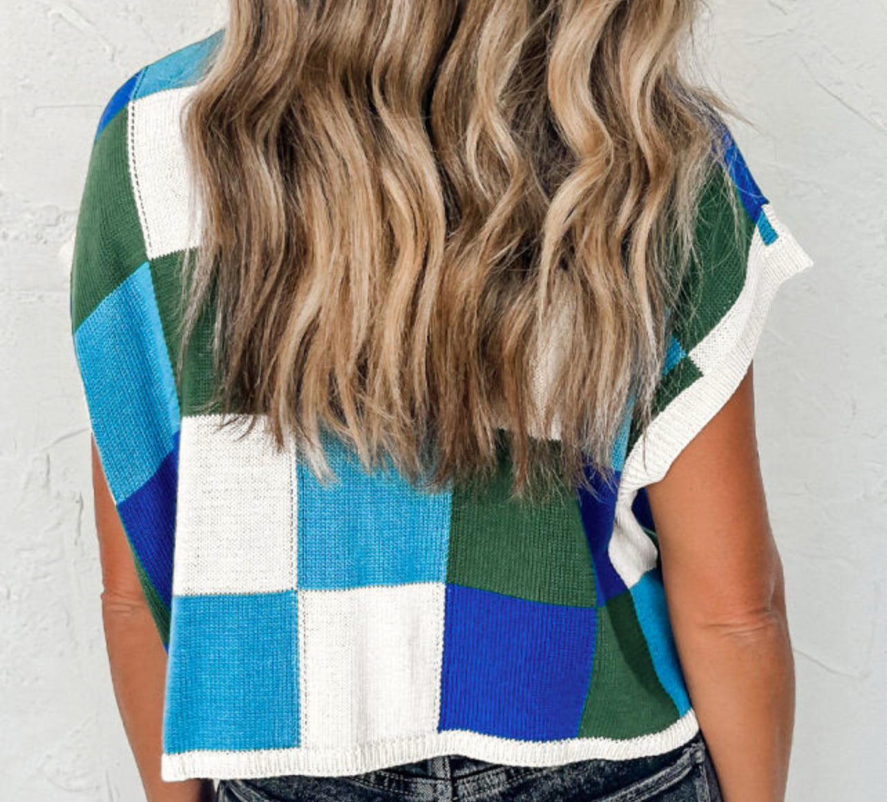 Blue/Green Checkered Knit Top