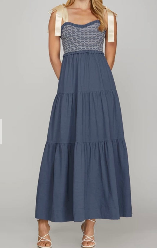 Satin Tie Smock Tiered Woven Maxi Dress