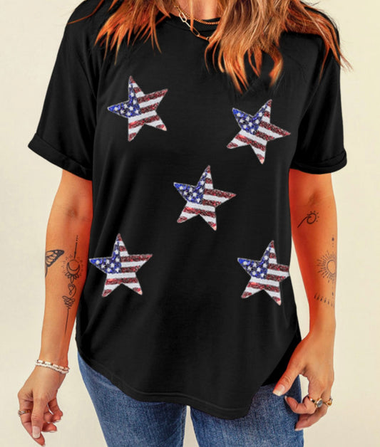 Sequined American Flag Star Graphic T-Shirt