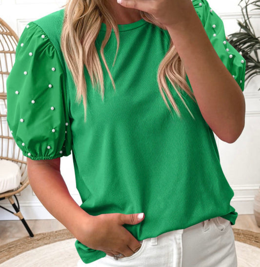 Ribbed Pearl Beaded Puff Sleeve Top