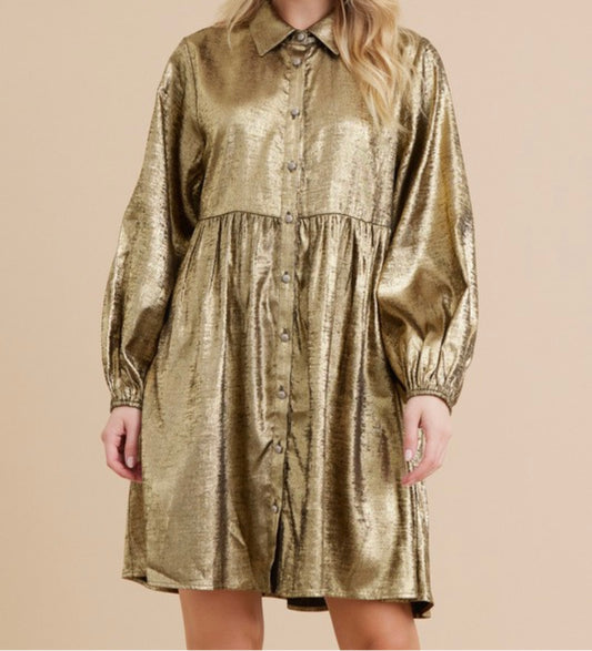 Metallic Button Up BabyDoll Dress