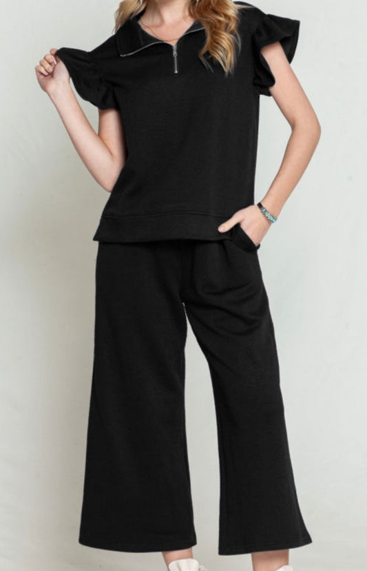 Flutter Cap Short Sleeve Textured Pants Set
