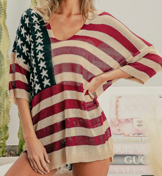 American Flag Print V-Neck Sweater