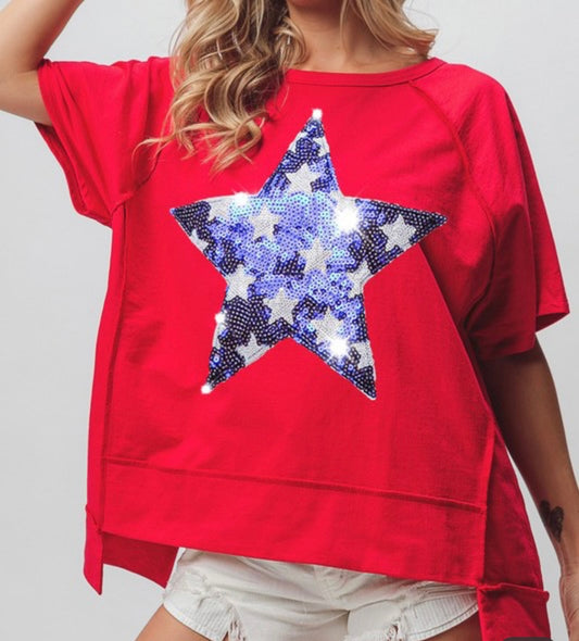 Star Sequin Out of Stitching Uneven Hem Top
