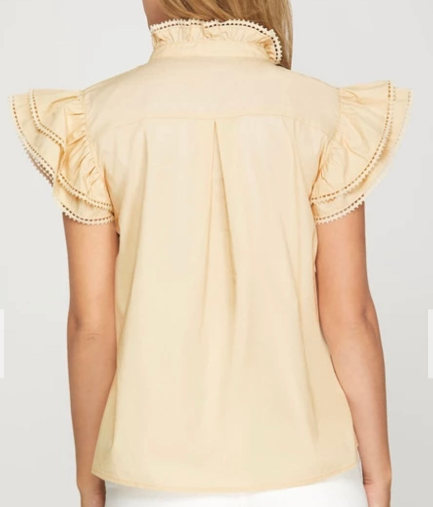 Ruffle Sleeve Edge Trip Button Down Top