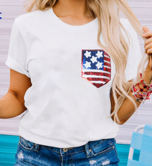 American Flag Sequin Pocket Patched T-Shirt