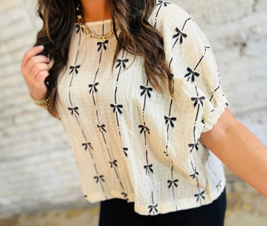 Bow Print Puff Short Sleeve Top
